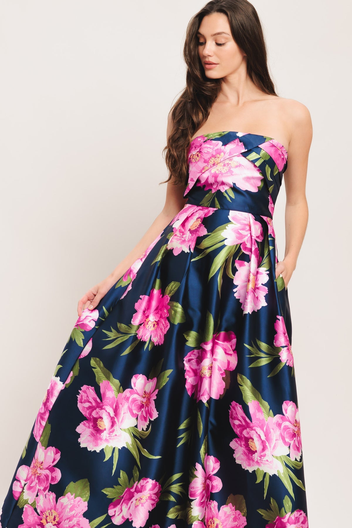 Formal Dresses Long Pleated Fitted Floral Print A Line Formal Dress Flying Tomato ID23210 Navy Multi Floral