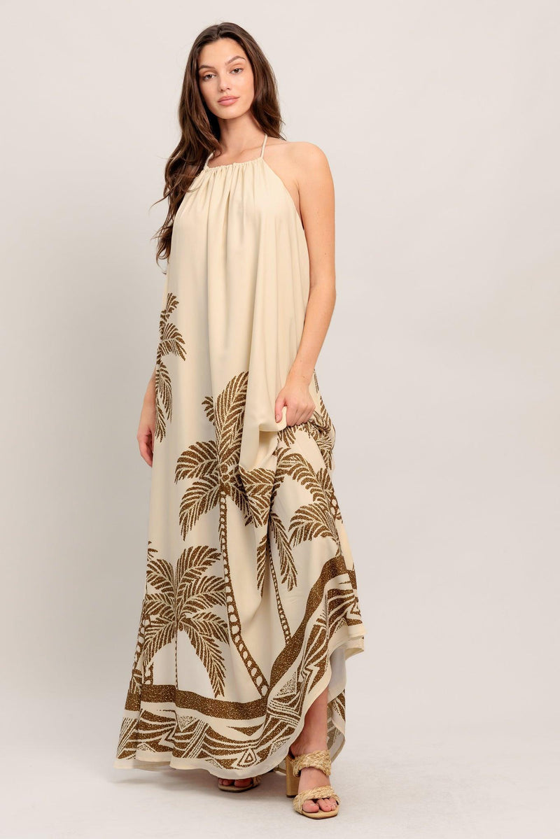 Halter Floor-Length Crepe Vacation A-Line Dress Flying Tomato ID23211