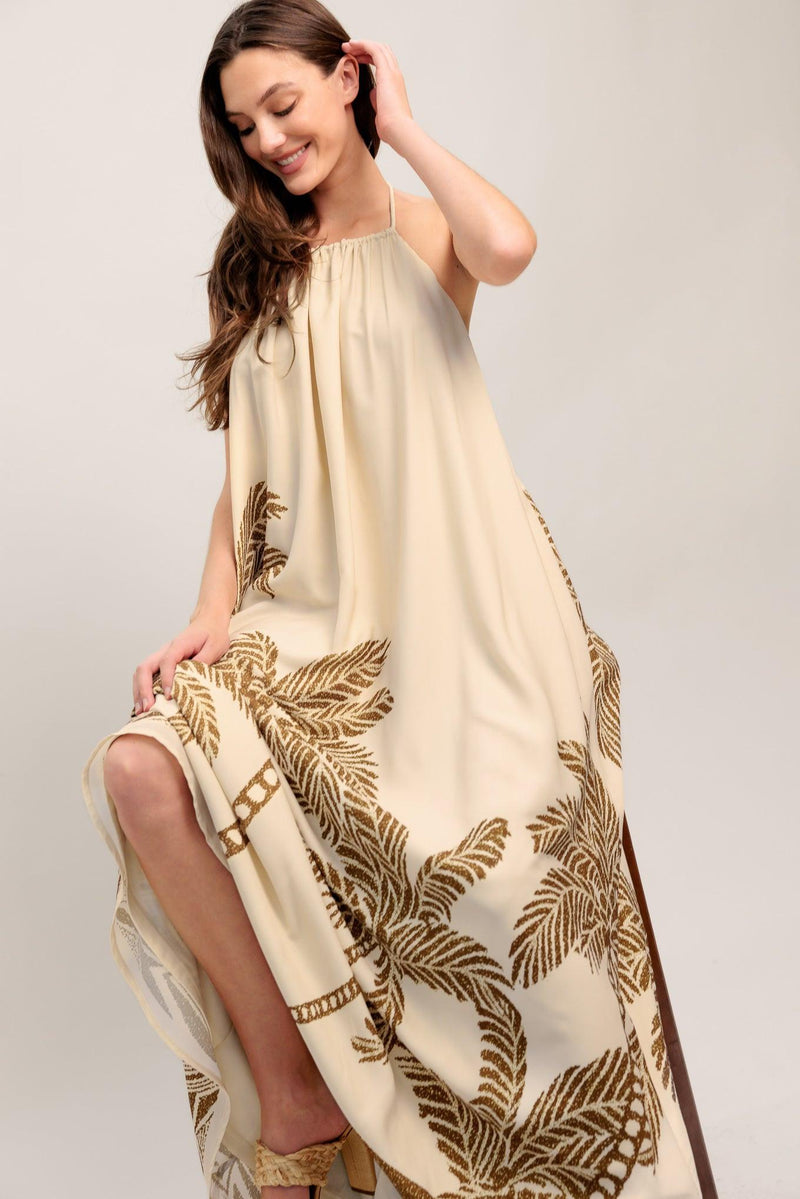 Halter Floor-Length Crepe Vacation A-Line Dress Flying Tomato ID23211