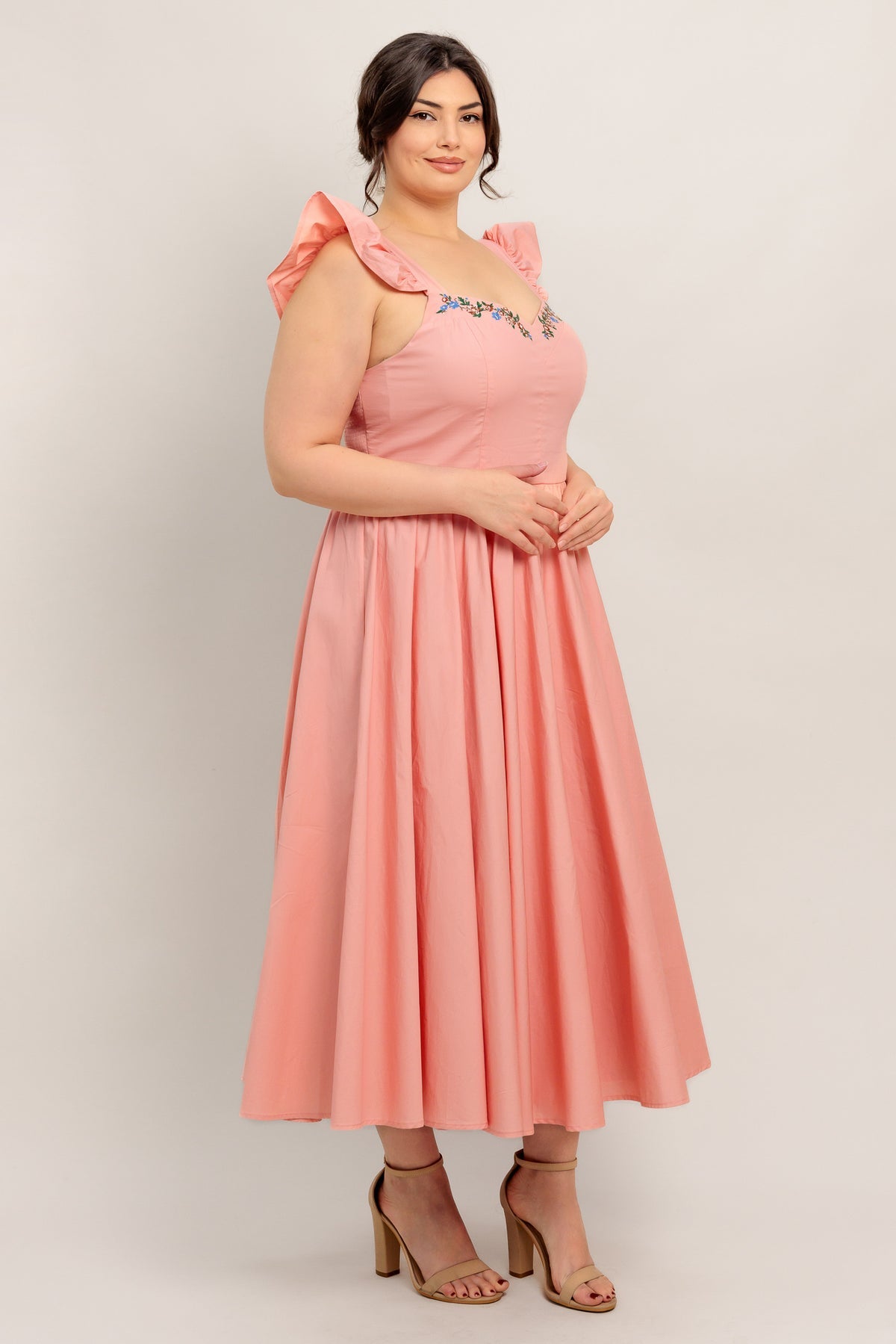 Dusty Pink Sweetheart Neckline Flutter Sleeve Embroidered Midi Dress Flying Tomato ID23220