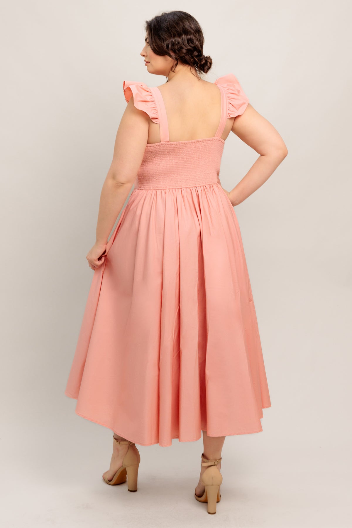 Dusty Pink Sweetheart Neckline Flutter Sleeve Embroidered Midi Dress Flying Tomato ID23220