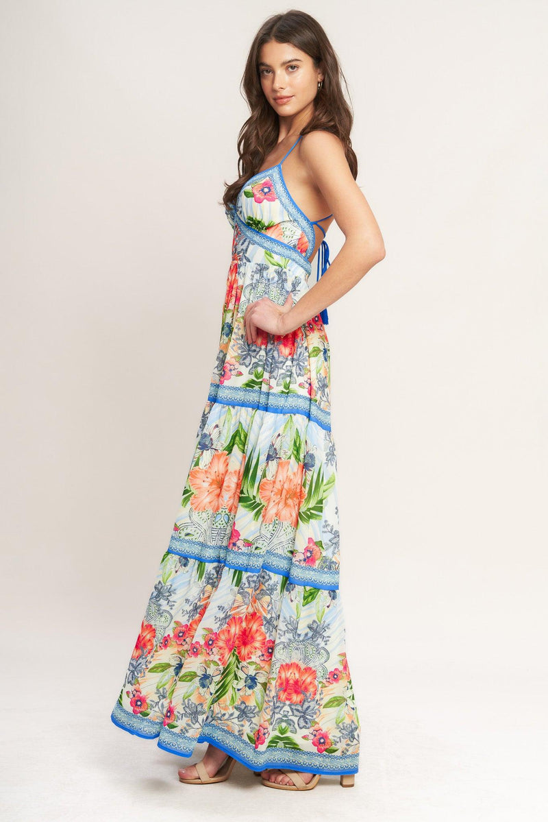 V-Neck Floor-Length Chiffon Tropical Floral A-Line Maxi Dress Flying Tomato ID23269