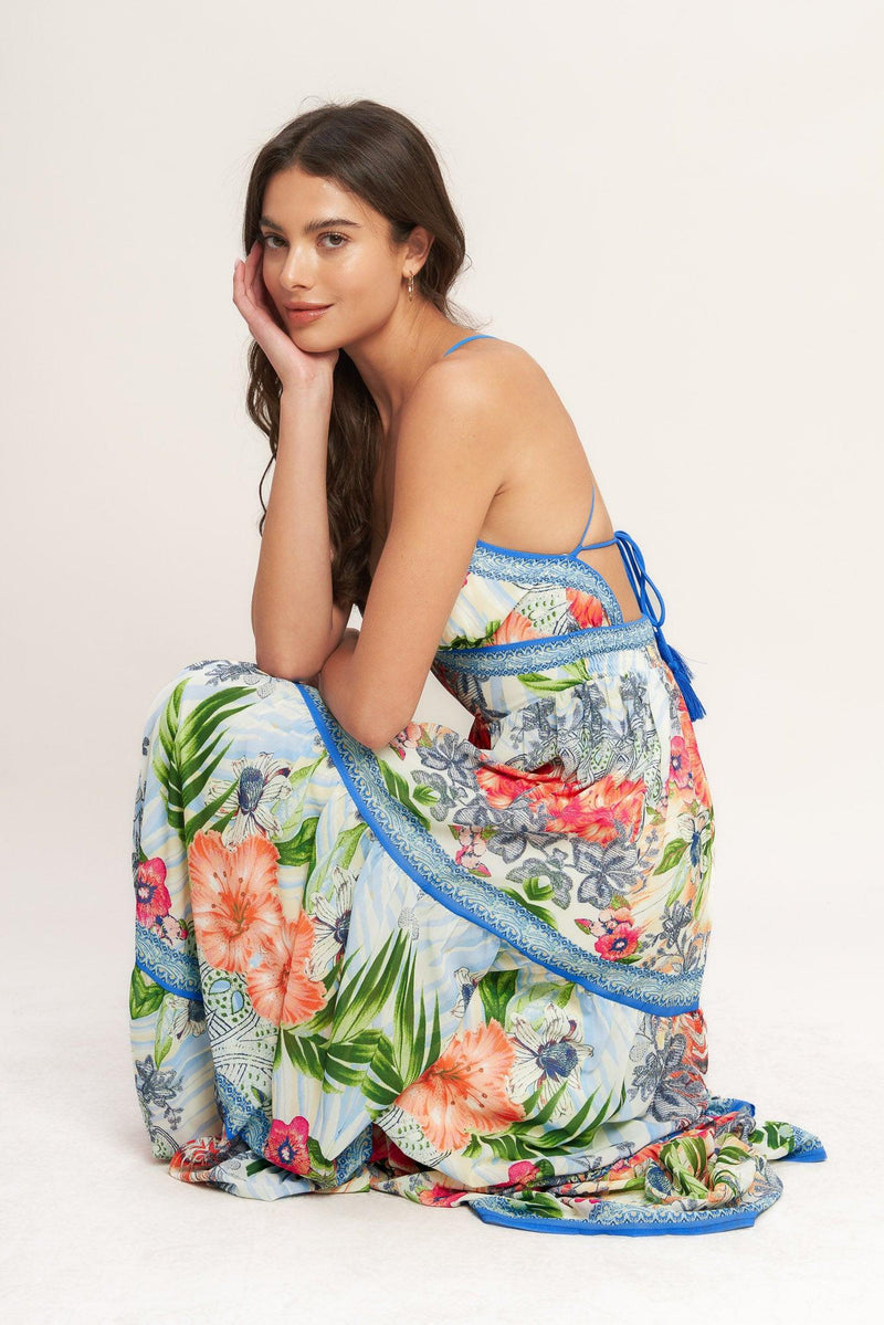 V-Neck Floor-Length Chiffon Tropical Floral A-Line Maxi Dress Flying Tomato ID23269