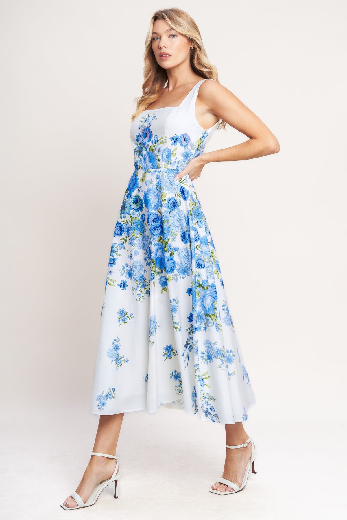White/Blue Square Neck Midi Cotton Floral Cocktail Dress Wide Strap Fit and Flare Dress Flying Tomato ID23272