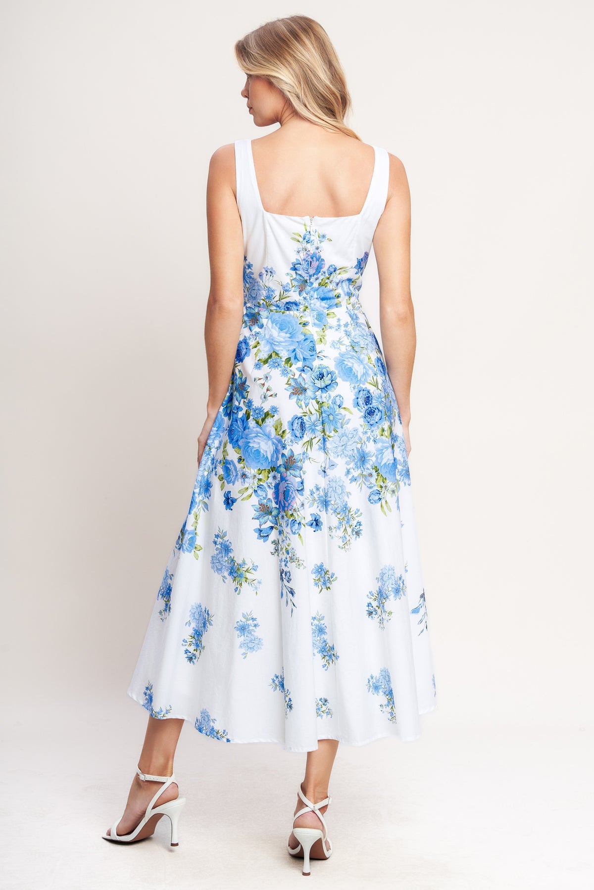 White/Blue Square Neck Midi Cotton Floral Cocktail Dress Wide Strap Fit and Flare Dress Flying Tomato ID23272