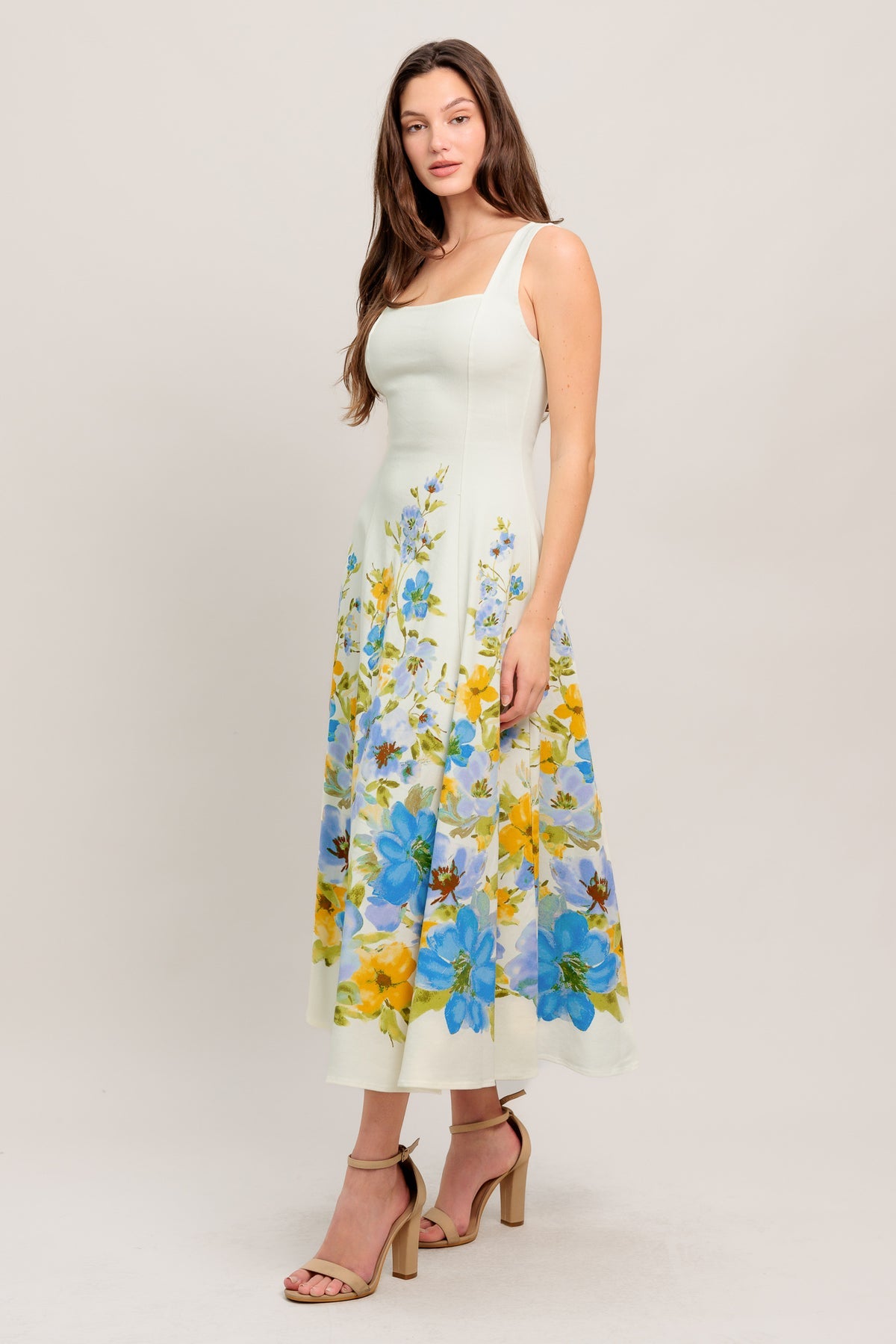 Off White Square Neck Midi Floral Print Cocktail A-Line Dress Flying Tomato ID23274