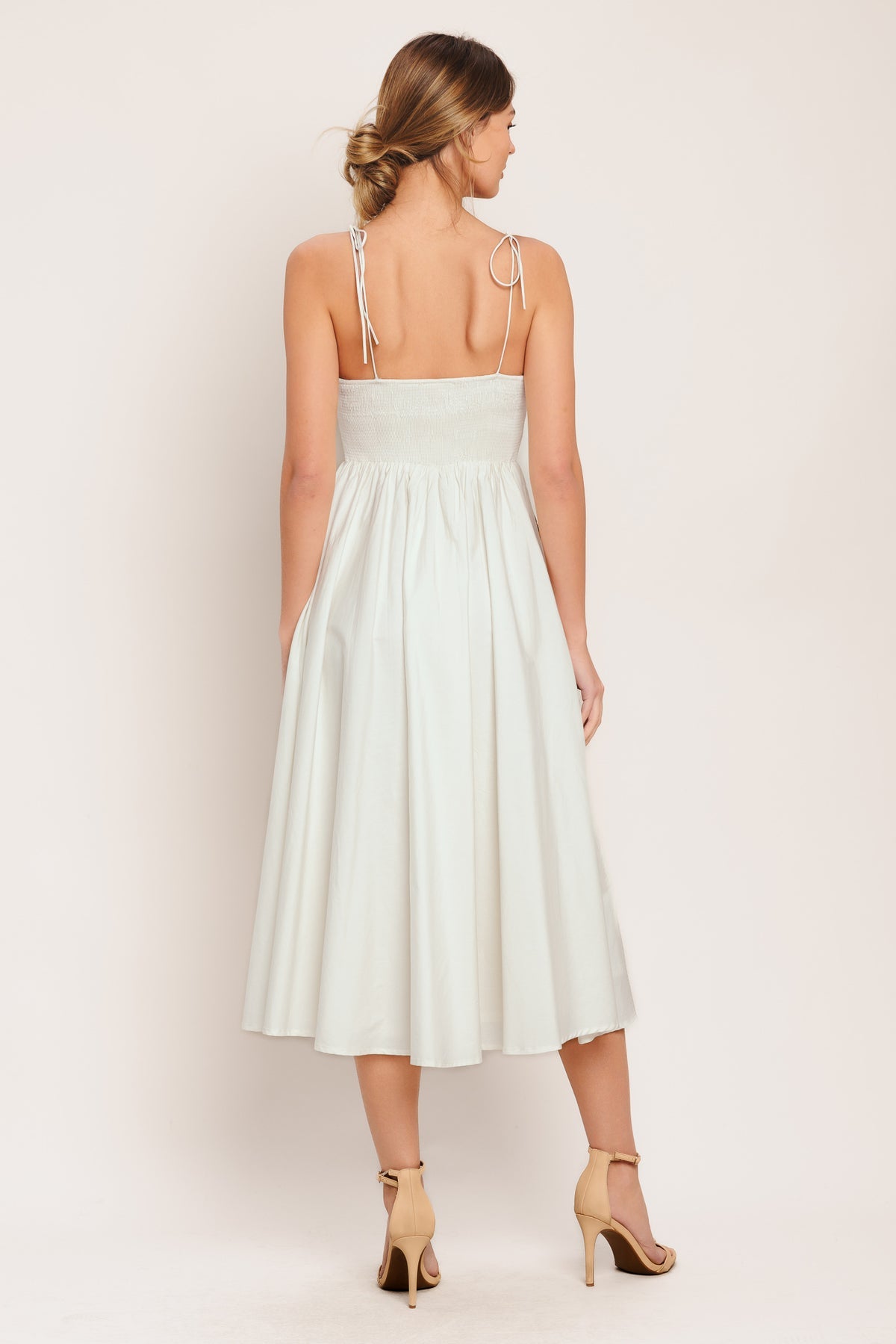 Ivory V Neck Midi Cotton Floral Cocktail Dress Fit and Flare Midi Gown Flying Tomato ID23275