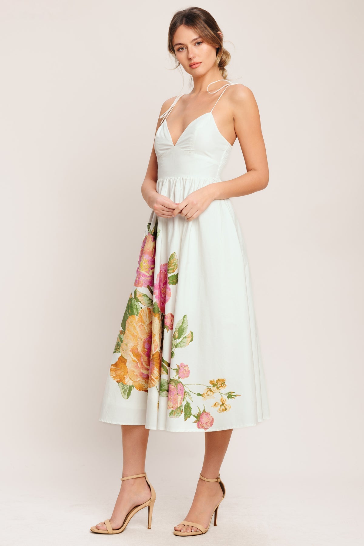 Ivory V Neck Midi Cotton Floral Cocktail Dress Fit and Flare Midi Gown Flying Tomato ID23275