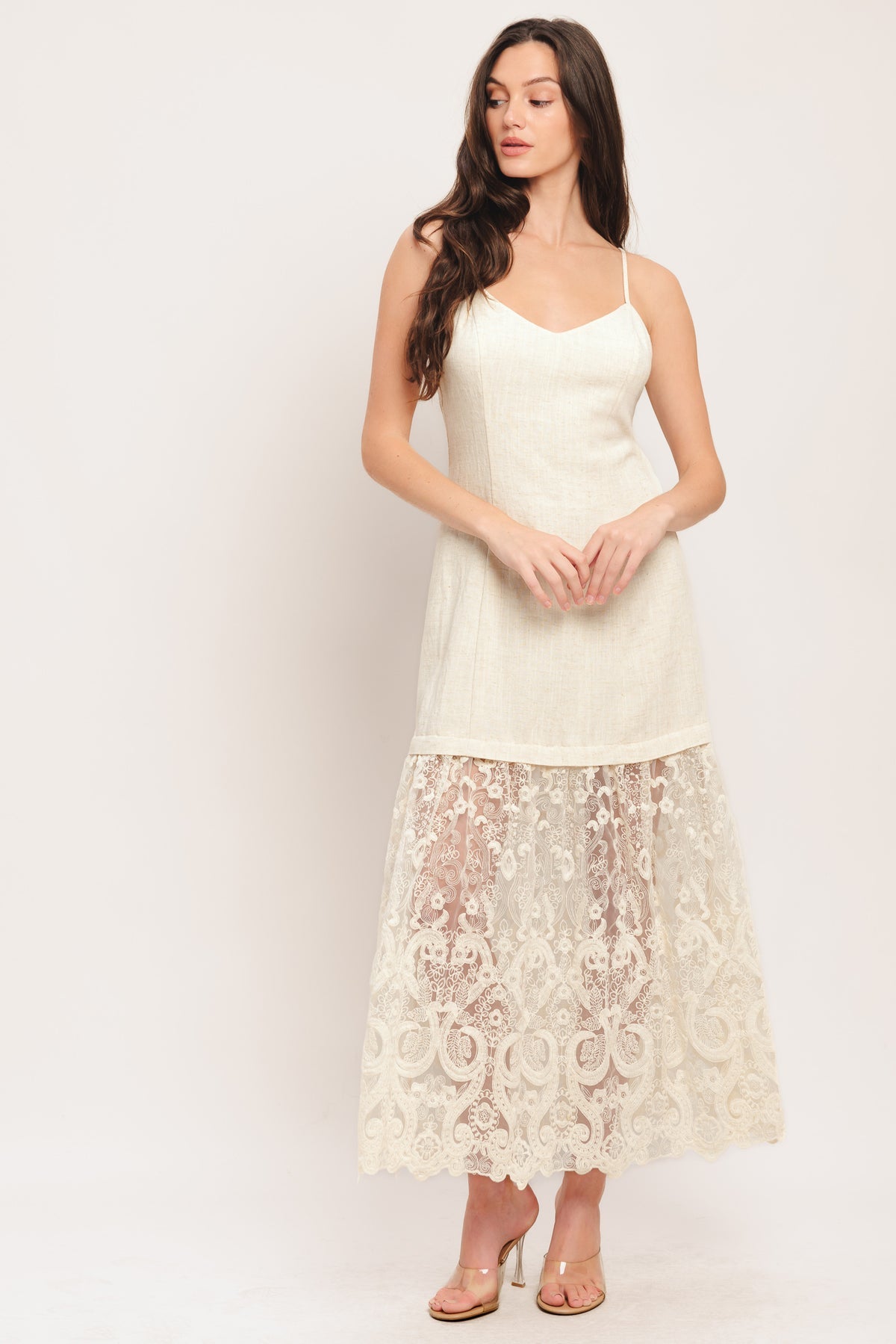 Natural Spaghetti Strap Maxi Linen Cocktail Casual Summer Lace Hem Dress Flying Tomato ID23288