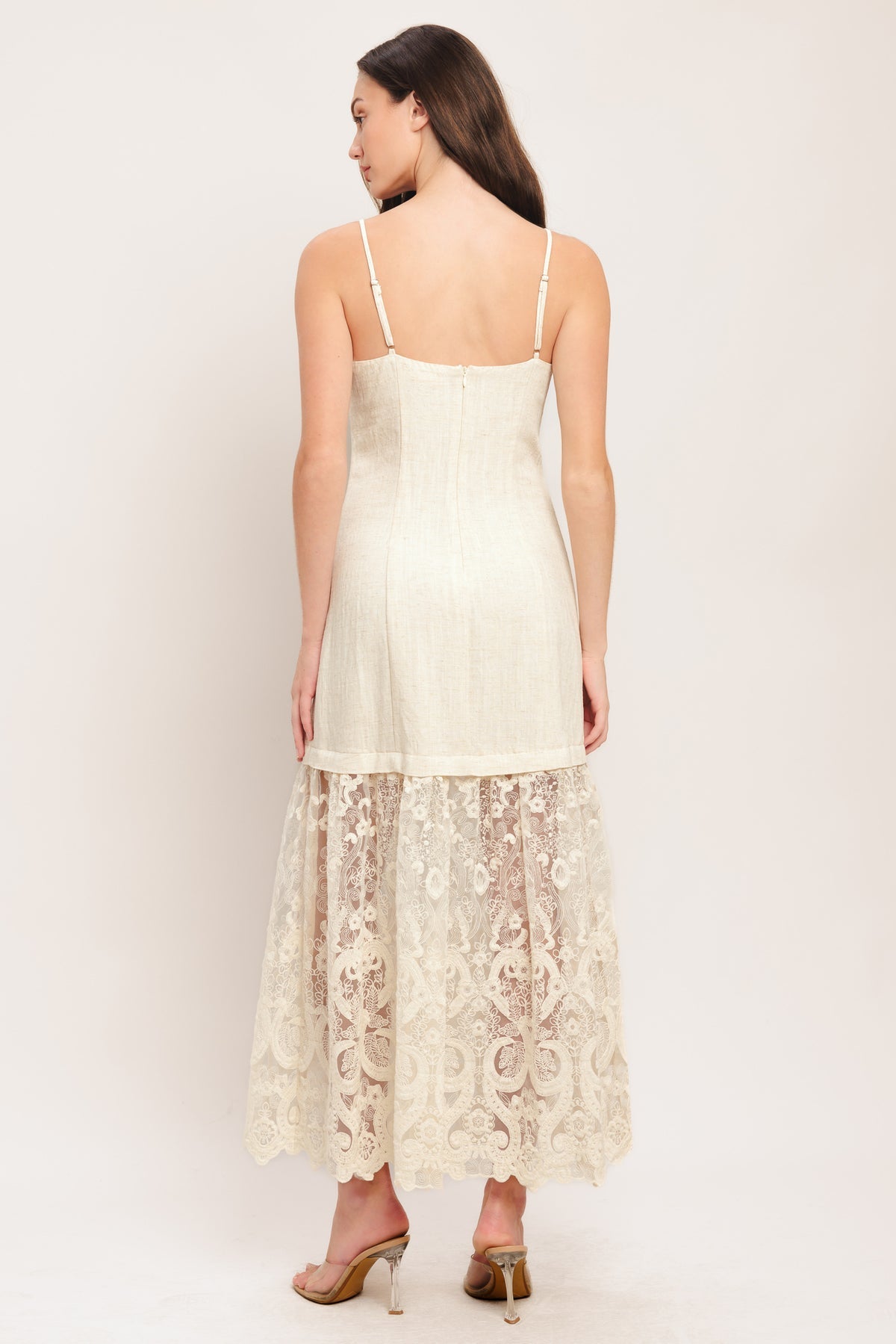 Natural Spaghetti Strap Maxi Linen Cocktail Casual Summer Lace Hem Dress Flying Tomato ID23288