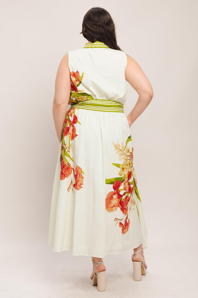 Jewel Neck Midi Floral Print Wedding Guest A-Line Dress Flying Tomato ID23304
