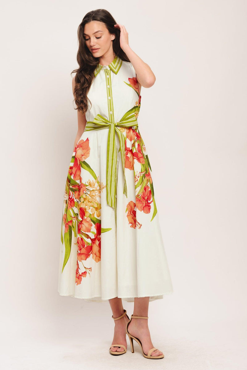 Jewel Neck Midi Floral Print Wedding Guest A-Line Dress Flying Tomato ID23304
