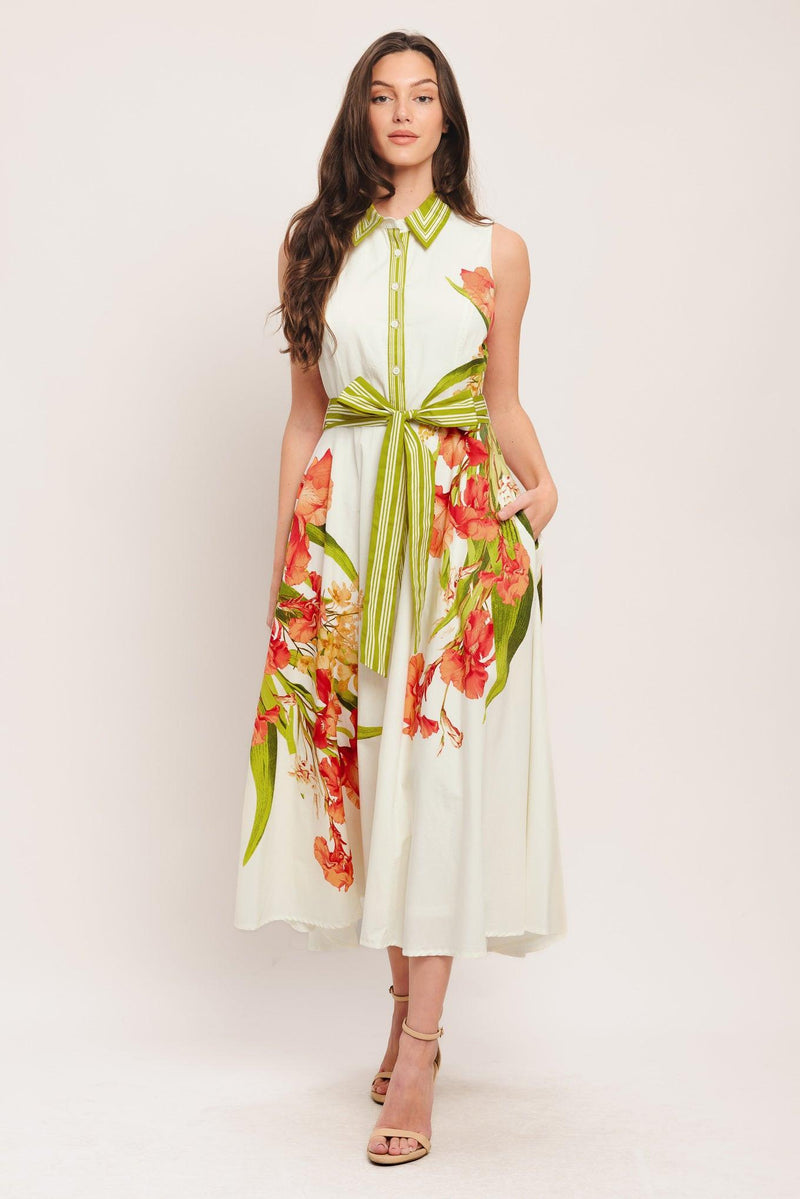 Jewel Neck Midi Floral Print Wedding Guest A-Line Dress Flying Tomato ID23304