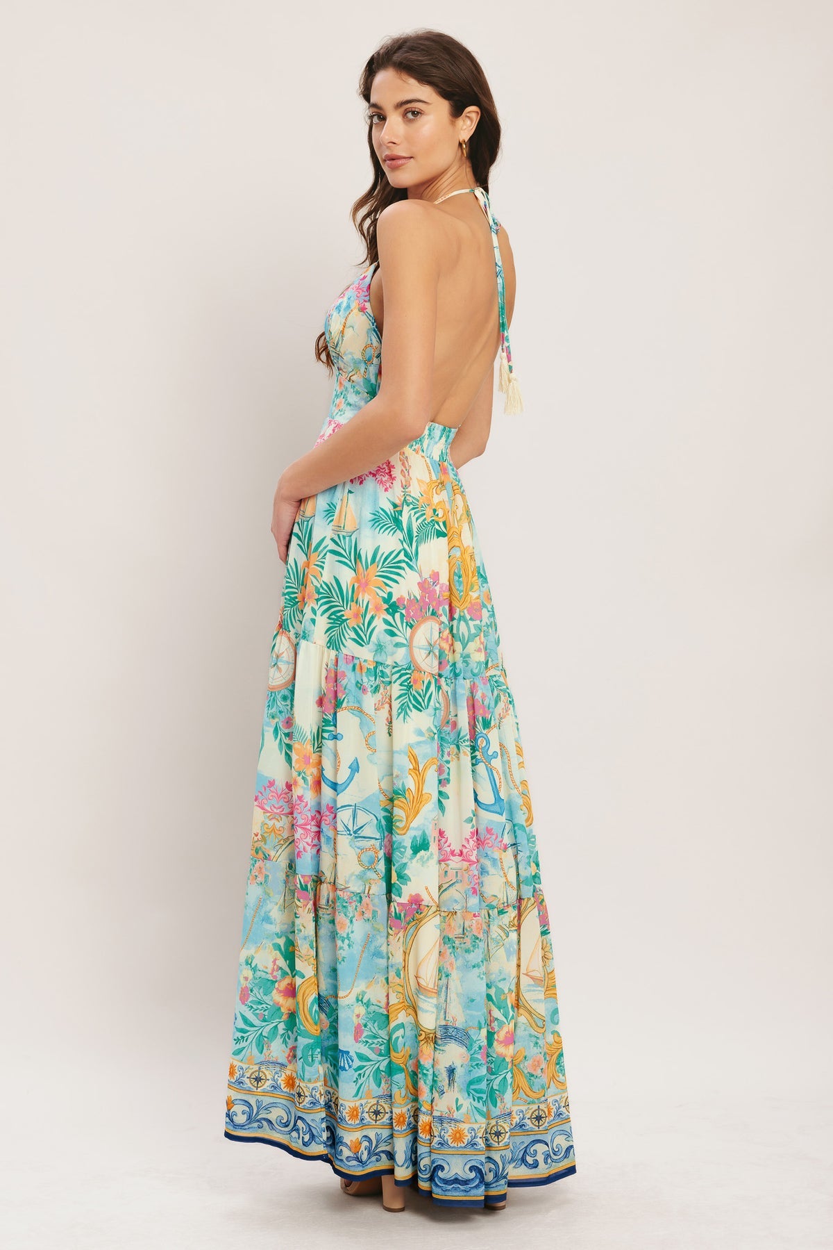 Ivory Multi V Neck Maxi Woven Printed Casual Dress with Tiered Skirt Flying Tomato ID23355