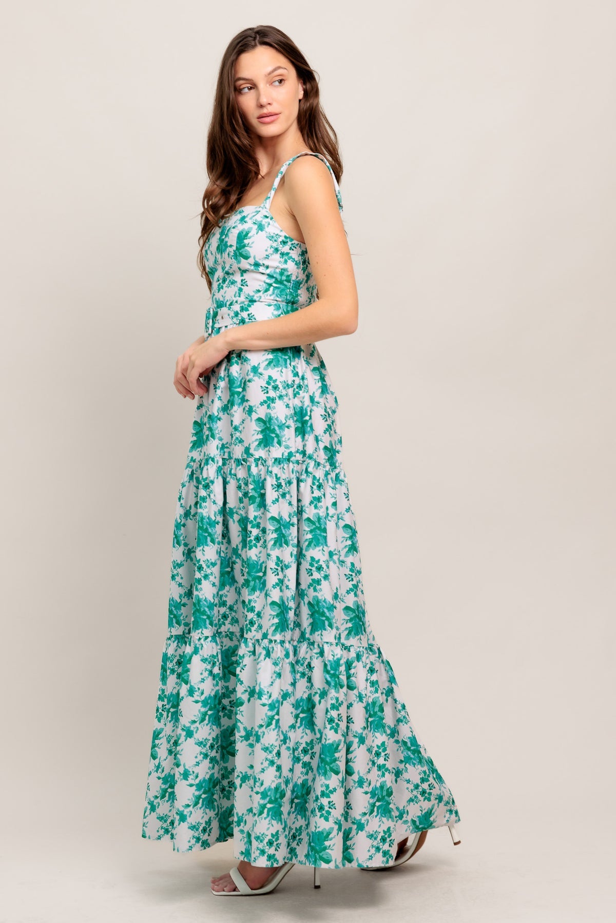 Off White/Jade Square Neck Midi Cotton Poplin Floral Cocktail Dress with Belt Flying Tomato ID23360