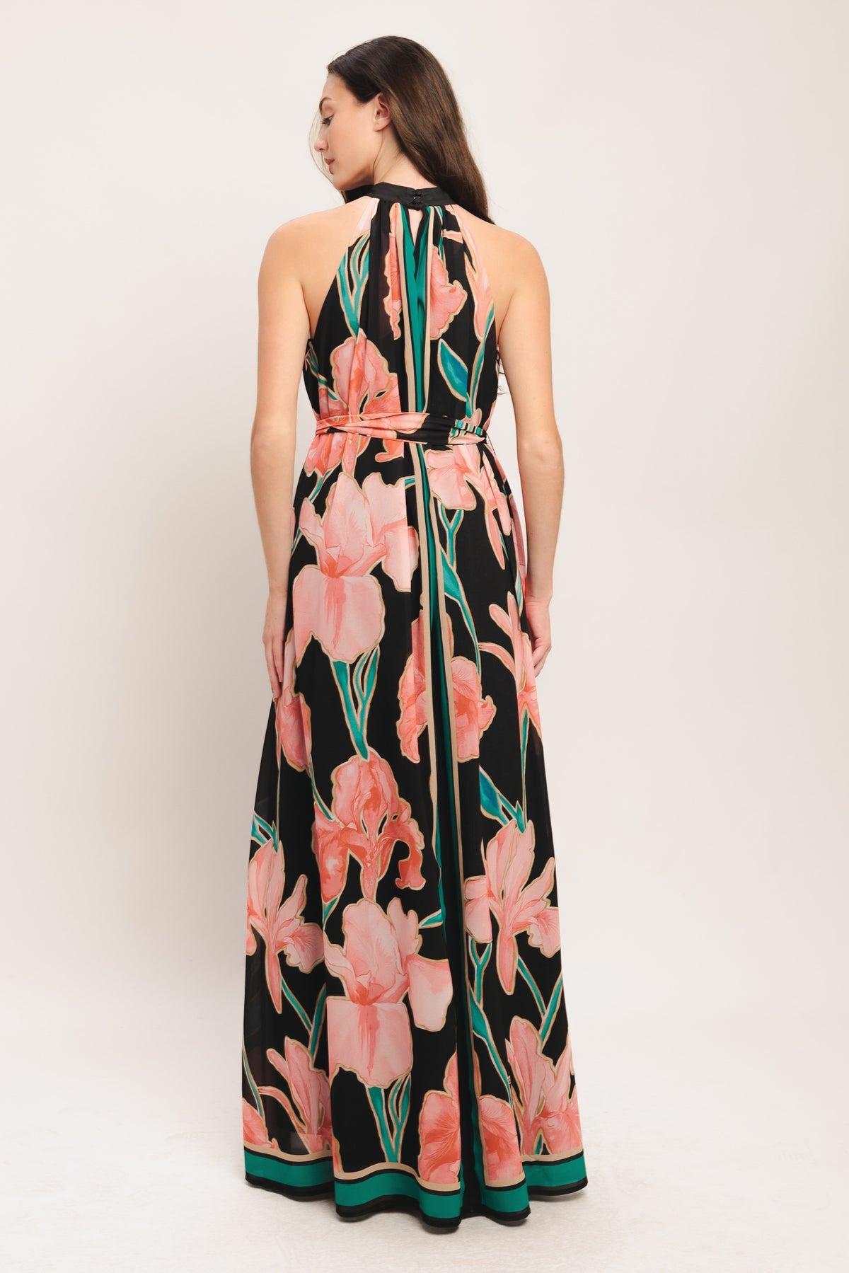 Black Floral Halter Floor Length Chiffon Casual Floral Print Maxi Dress with Waist Tie Flying Tomato ID23368