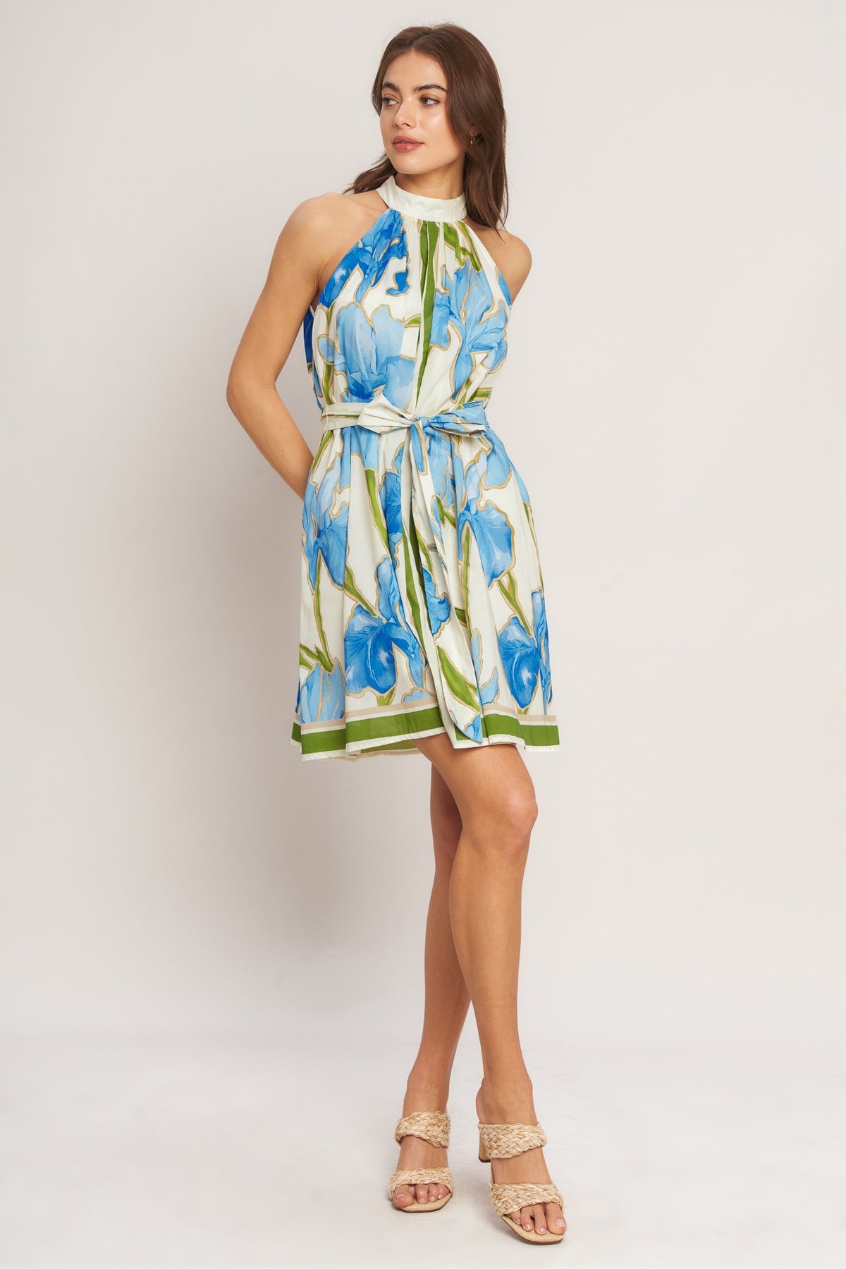 Off White/Blue Halter Mini Cotton Floral Cocktail Dress Fit and Flare Mini Dress Flying Tomato ID23369