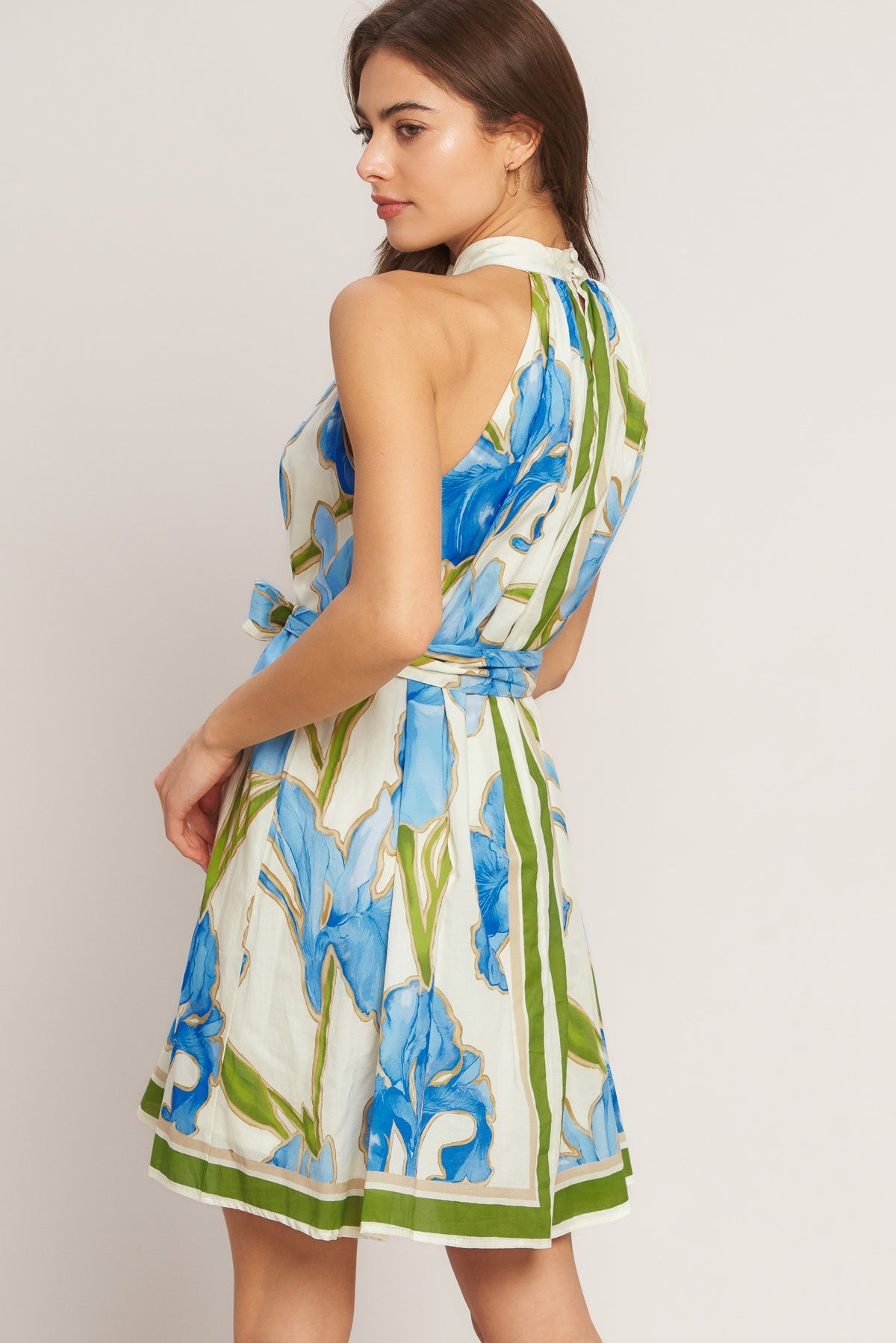 Off White/Blue Halter Mini Cotton Floral Cocktail Dress Fit and Flare Mini Dress Flying Tomato ID23369