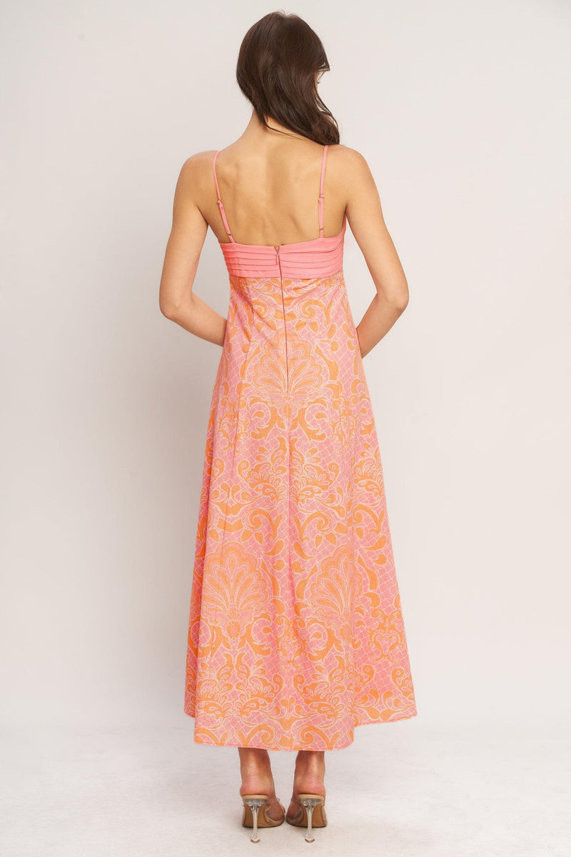 Square Neck Midi Crepe Wedding Guest A-Line Dress Flying Tomato ID23391