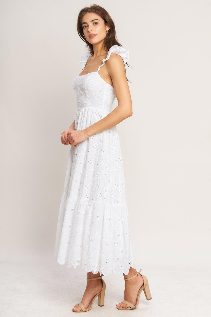 Square Neck Midi Eyelet Lace Wedding Guest A-Line Dress Flying Tomato ID23411
