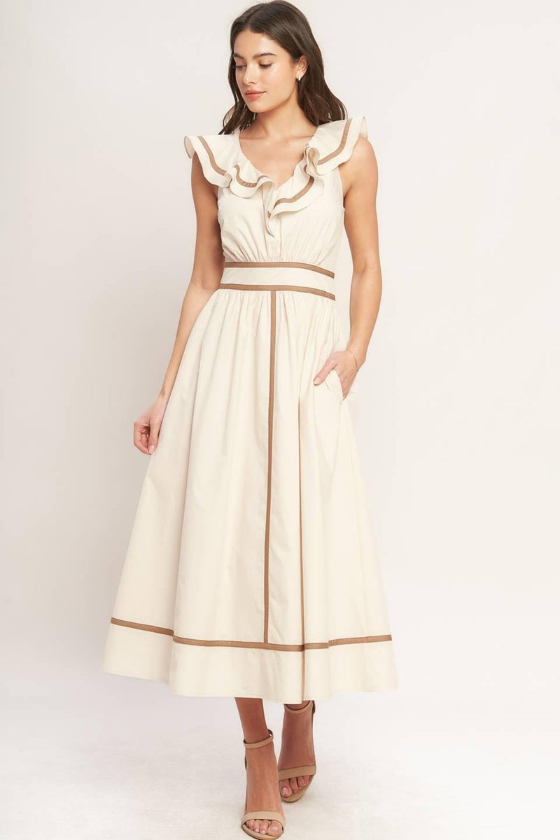 V-Neck Midi Crepe Wedding Guest A-Line Dress Flying Tomato ID23432