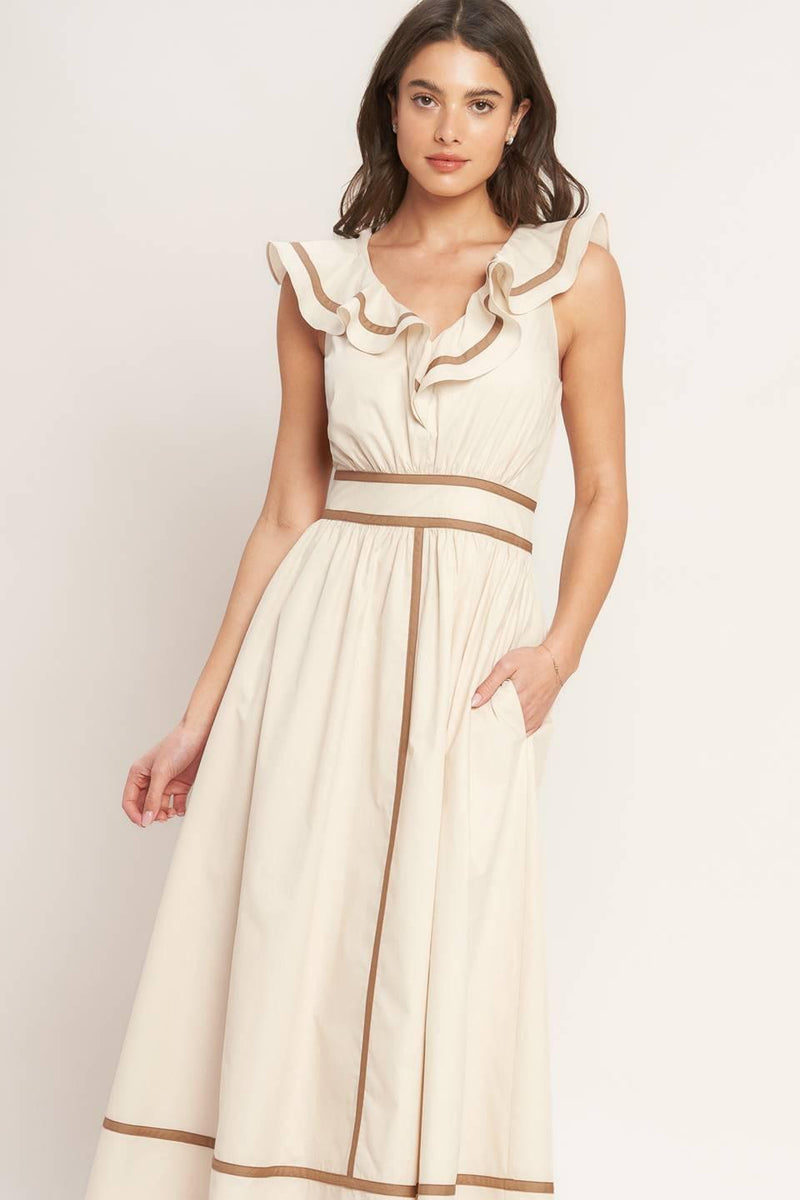 V-Neck Midi Crepe Wedding Guest A-Line Dress Flying Tomato ID23432