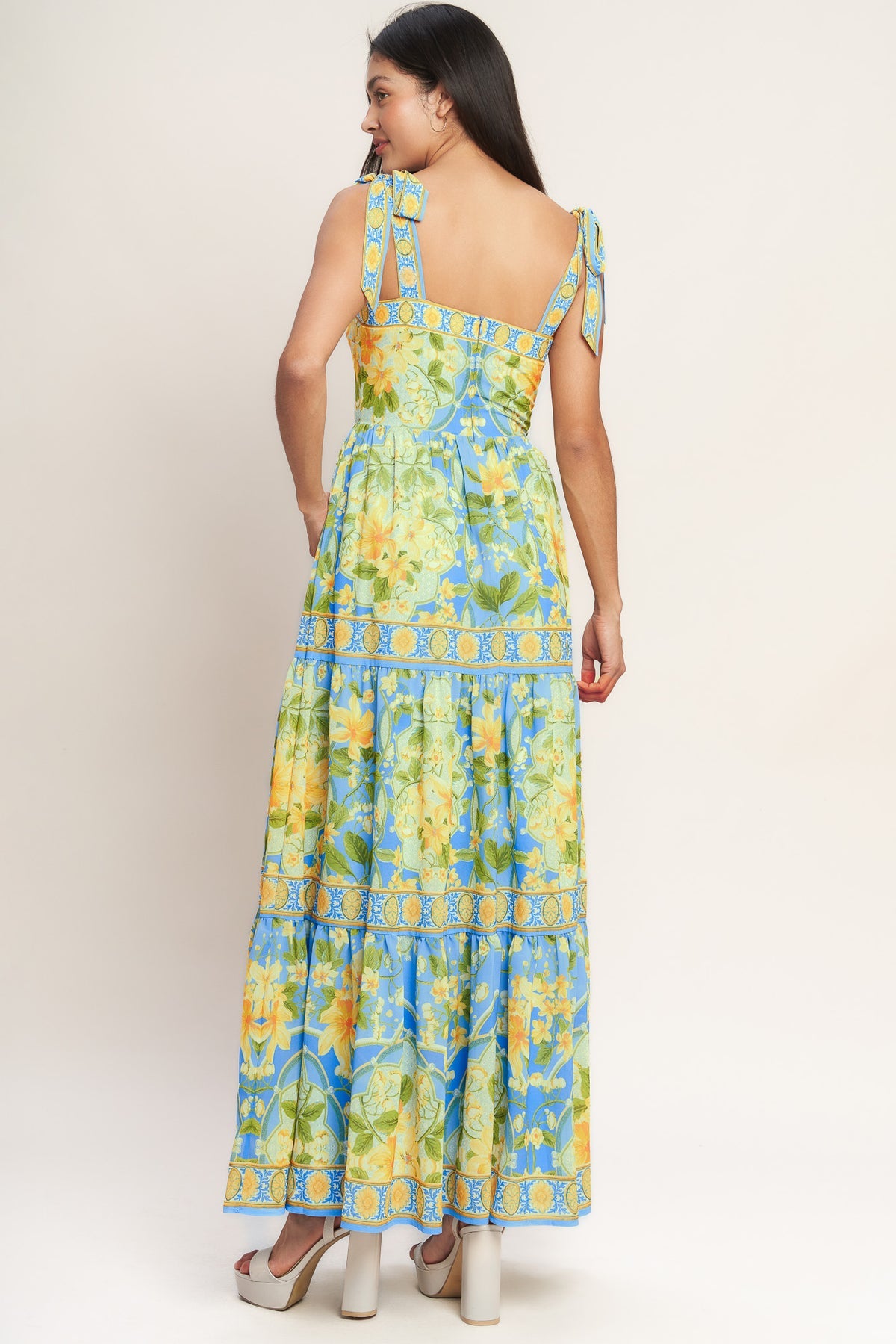 Light Blue Square Neck Tea Length Cotton Cocktail Summer Tie-Strap Tiered Dress Flying Tomato ID23436