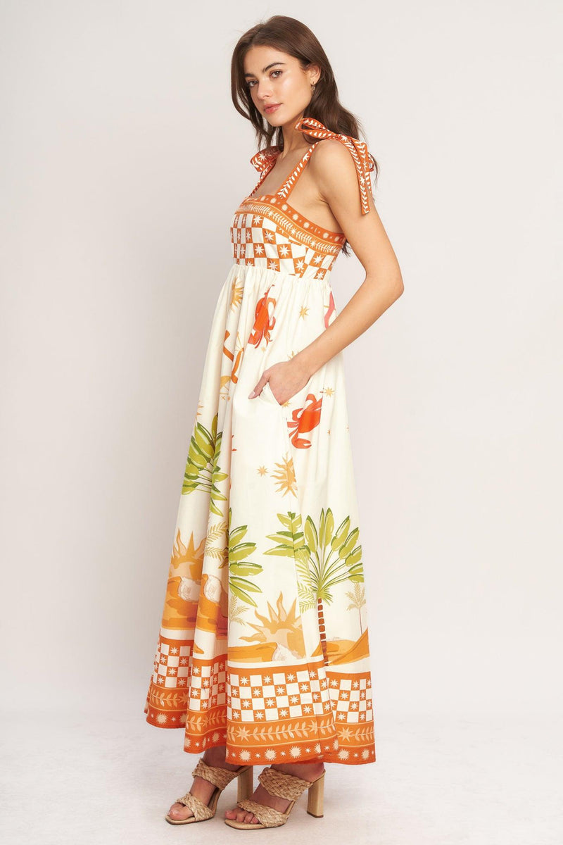 Square Neck Floor-Length Tropical Print A-Line Maxi Dress Flying Tomato ID23441