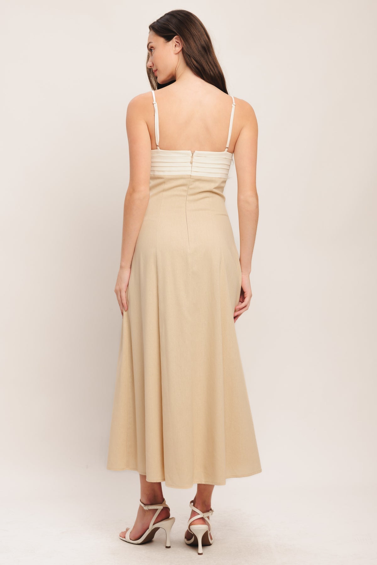Light Beige Square-Neck Midi Crepe Cockail A-Line Dress Flying Tomato ID23459