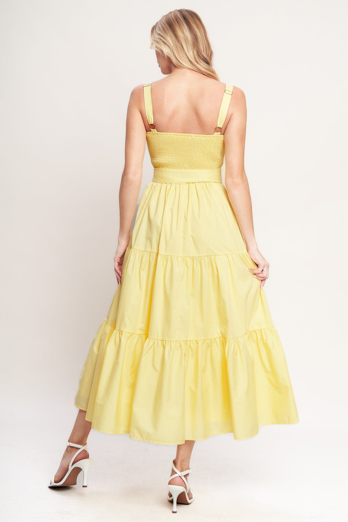 Lemon Yellow Square Neck Midi Cotton Poplin Garden Party Dress with Belt Cocktail Dress Flying Tomato ID23462