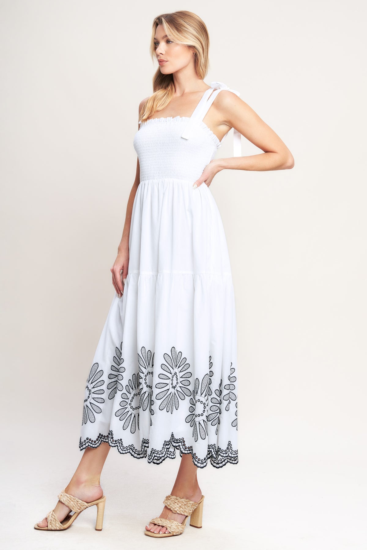 White Square-Neck Midi Embroidered Cocktail Smocked Tie-Shoulder Dress Flying Tomato ID23463