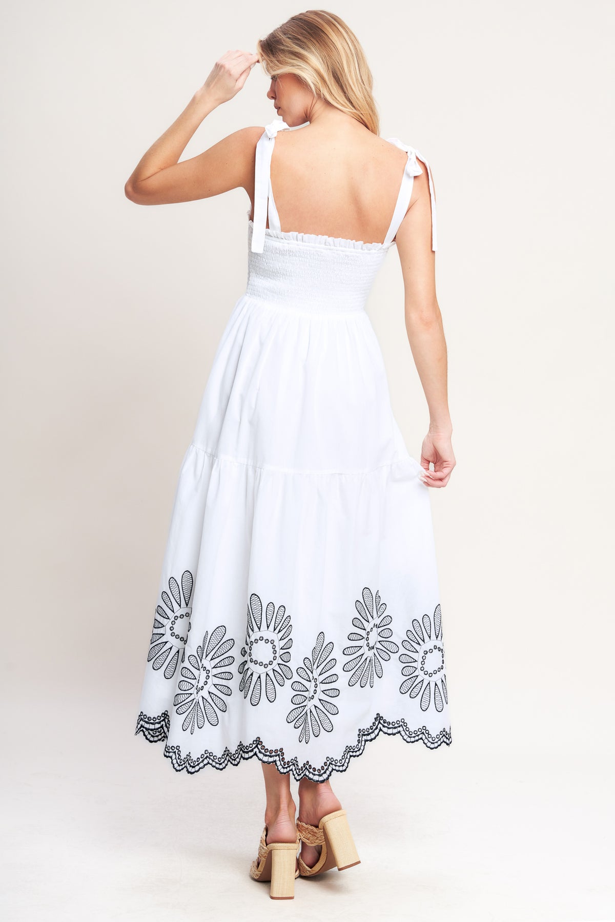 White Square-Neck Midi Embroidered Cocktail Smocked Tie-Shoulder Dress Flying Tomato ID23463