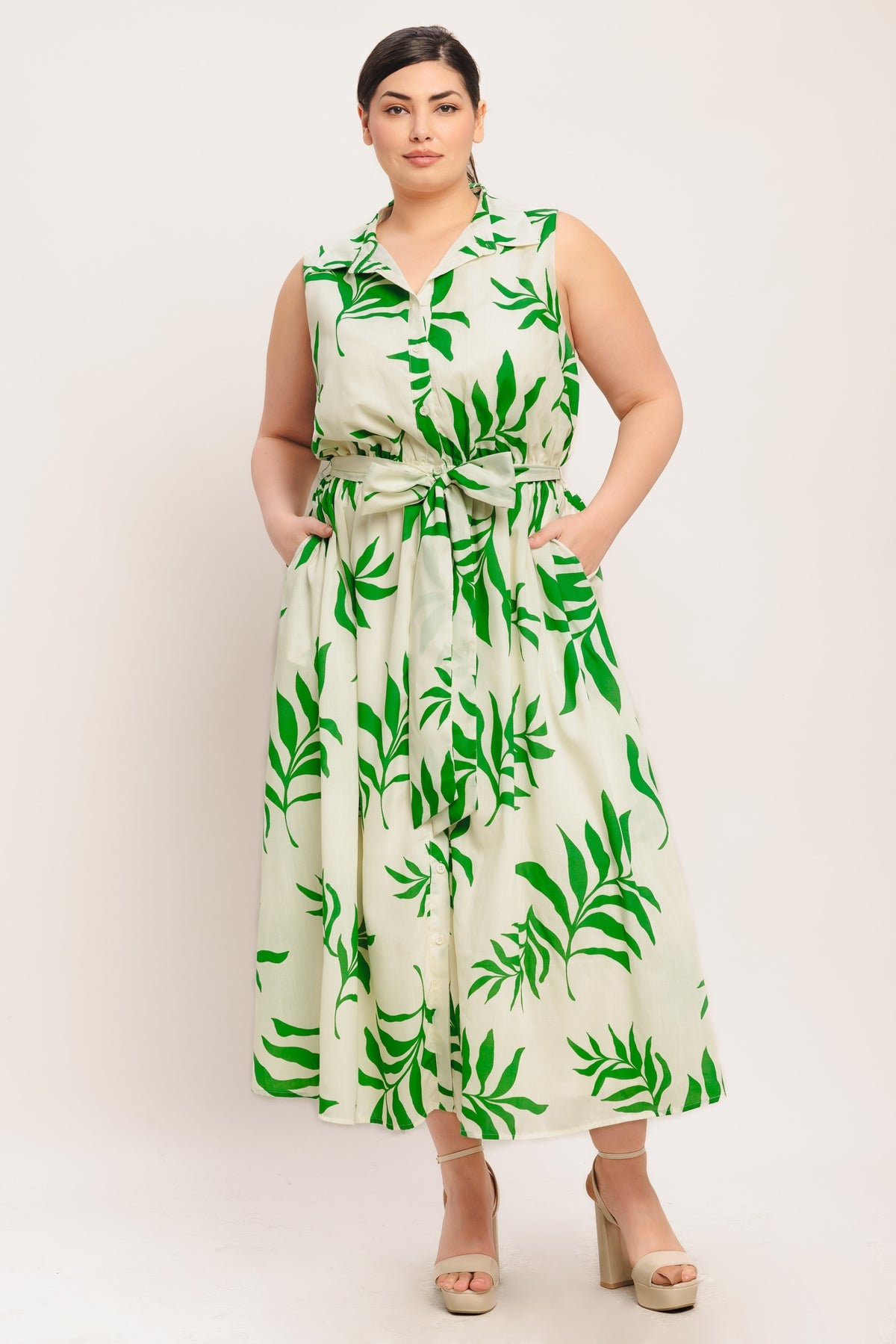 Ivory Green Collared Midi Cotton Floral Cocktail Dress Fit and Flare Midi Gown Flying Tomato ID23465