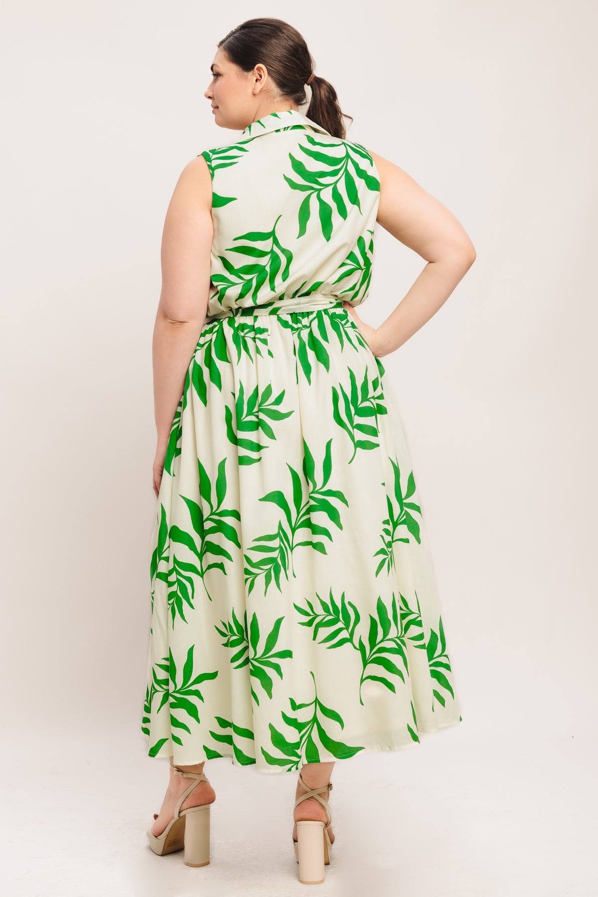 Ivory Green Collared Midi Cotton Floral Cocktail Dress Fit and Flare Midi Gown Flying Tomato ID23465