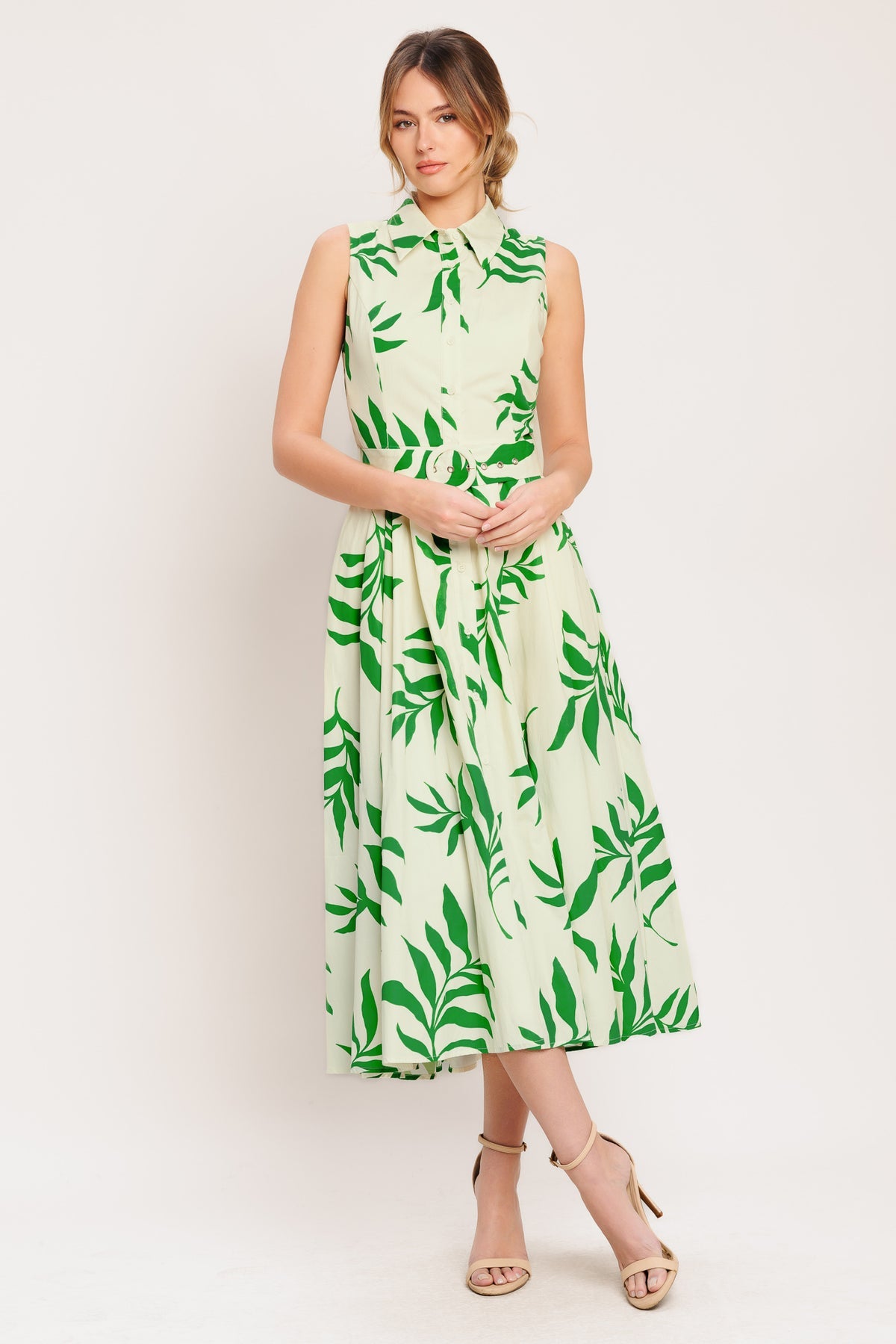 Ivory Green Collared Midi Cotton Floral Cocktail Dress Fit and Flare Midi Gown Flying Tomato ID23465