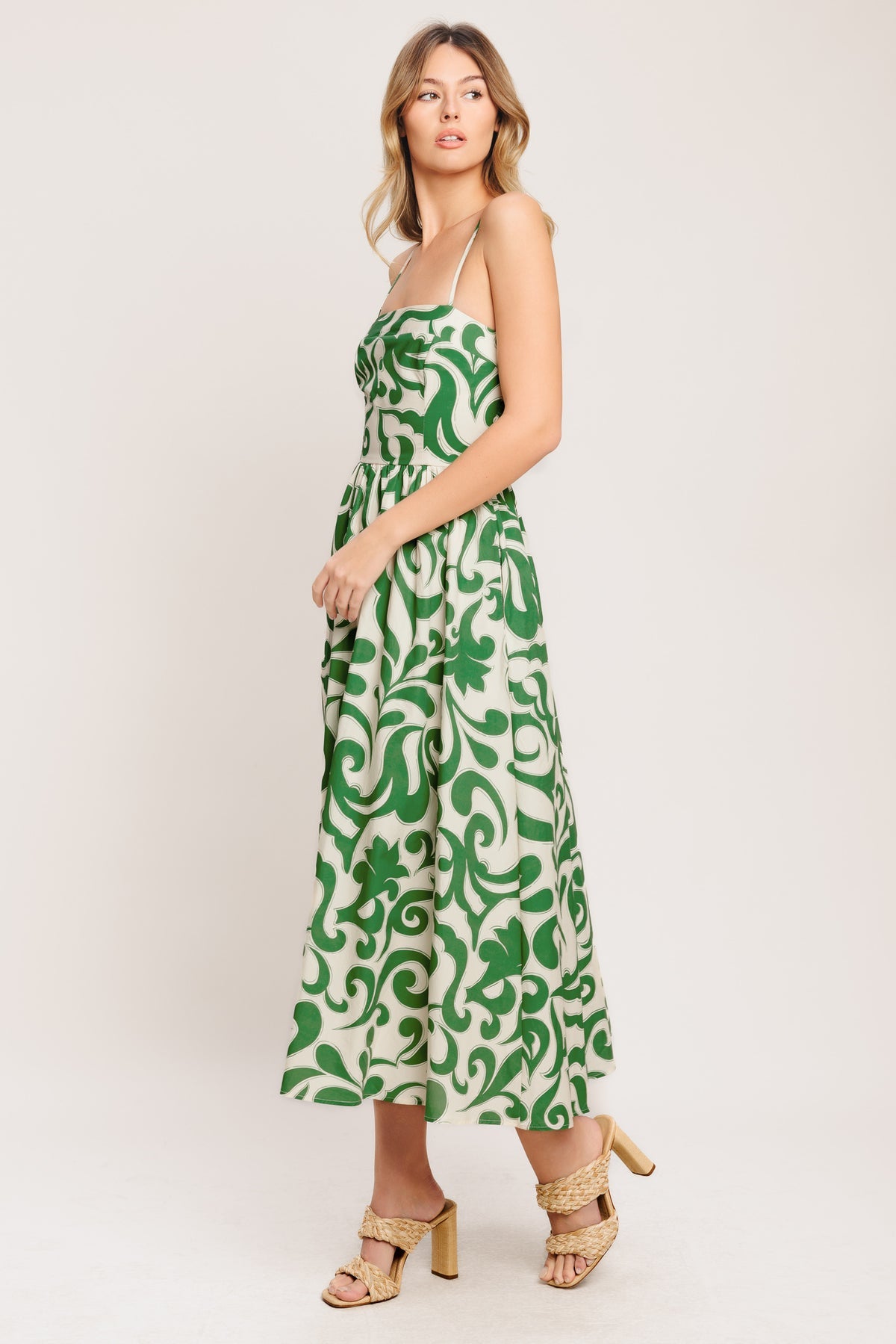 Ivory Green Straight Neck Midi Cotton Printed Cocktail Dress Spaghetti Strap Fit and Flare Dress Flying Tomato ID23476