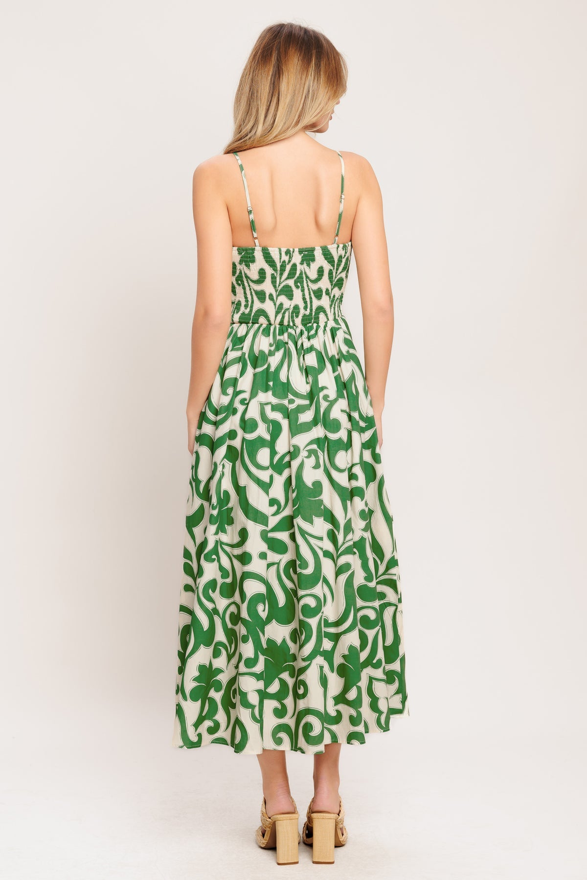 Ivory Green Straight Neck Midi Cotton Printed Cocktail Dress Spaghetti Strap Fit and Flare Dress Flying Tomato ID23476