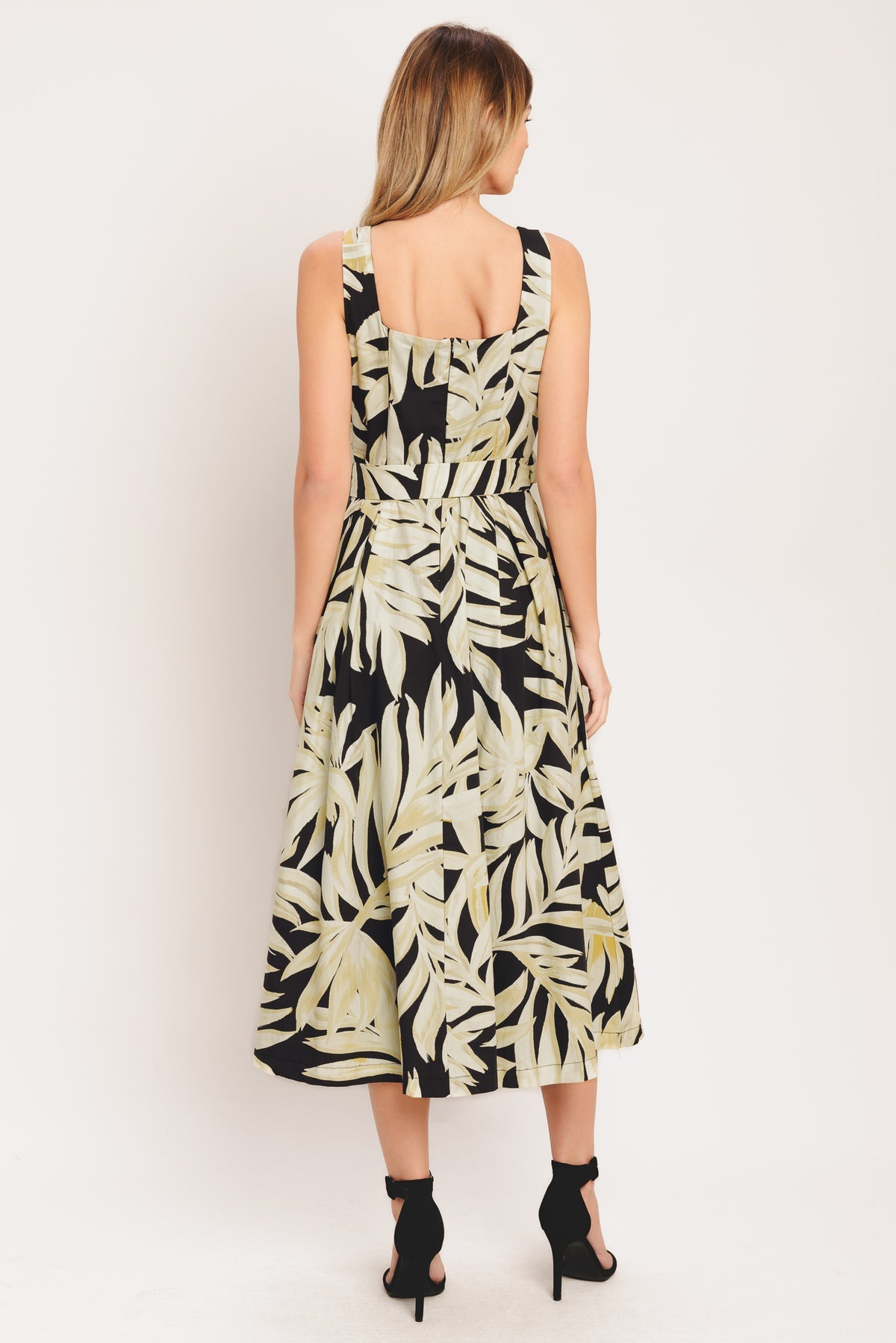Black Taupe Square Neck Midi Cotton Printed Cocktail Dress Belted Fit and Flare Dress Flying Tomato ID23580