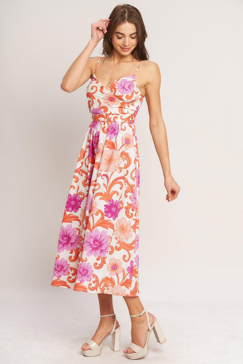 V-Neck Midi Satin Wedding Guest A-Line Dress Flying Tomato ID23586