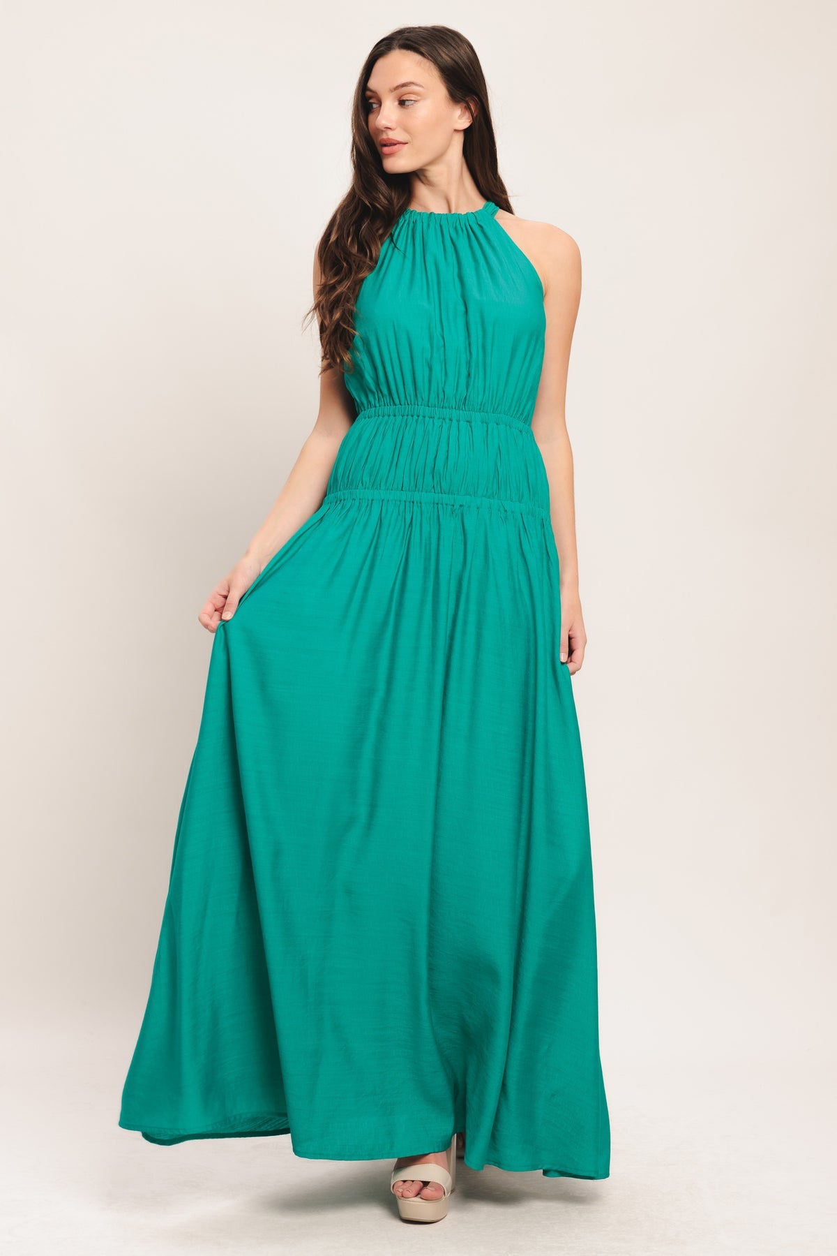 Teal Halter Floor Length Jersey Formal Dress Pleated Tiered Maxi Dress Flying Tomato ID23594