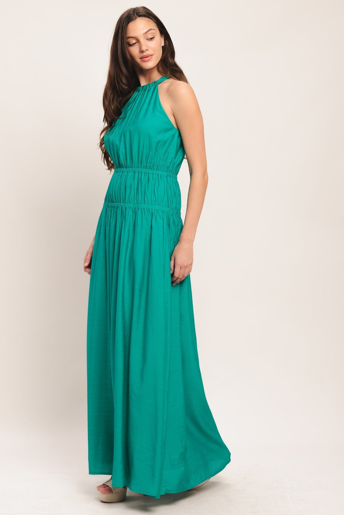Teal Halter Floor Length Jersey Formal Dress Pleated Tiered Maxi Dress Flying Tomato ID23594