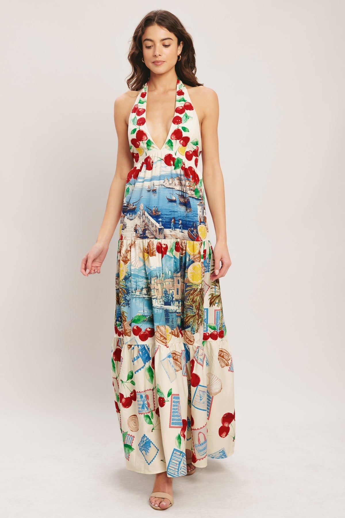 Ivory Halter Maxi Printed Woven Summer Dress with Tiered Skirt Flying Tomato ID23606