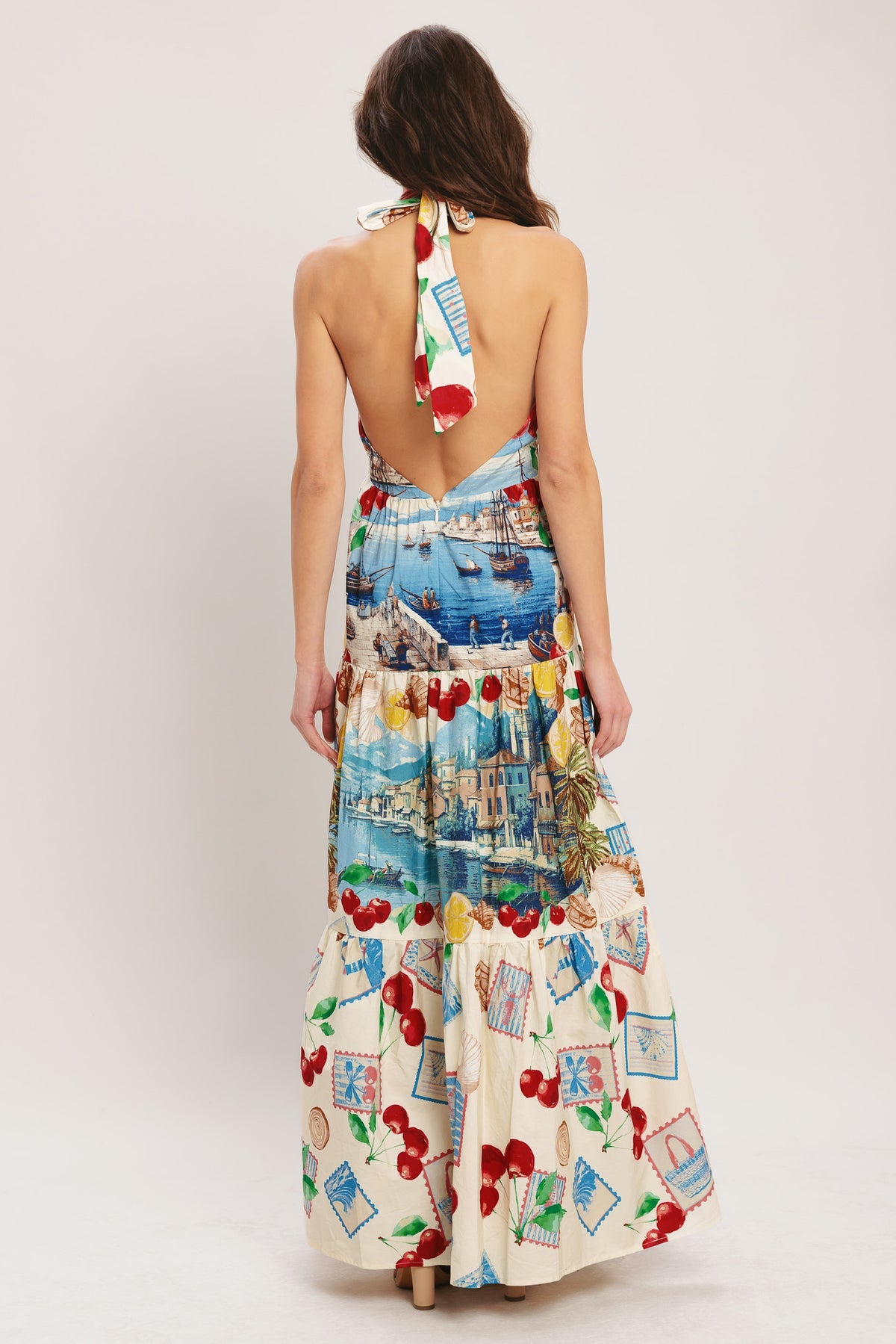 Ivory Halter Maxi Printed Woven Summer Dress with Tiered Skirt Flying Tomato ID23606