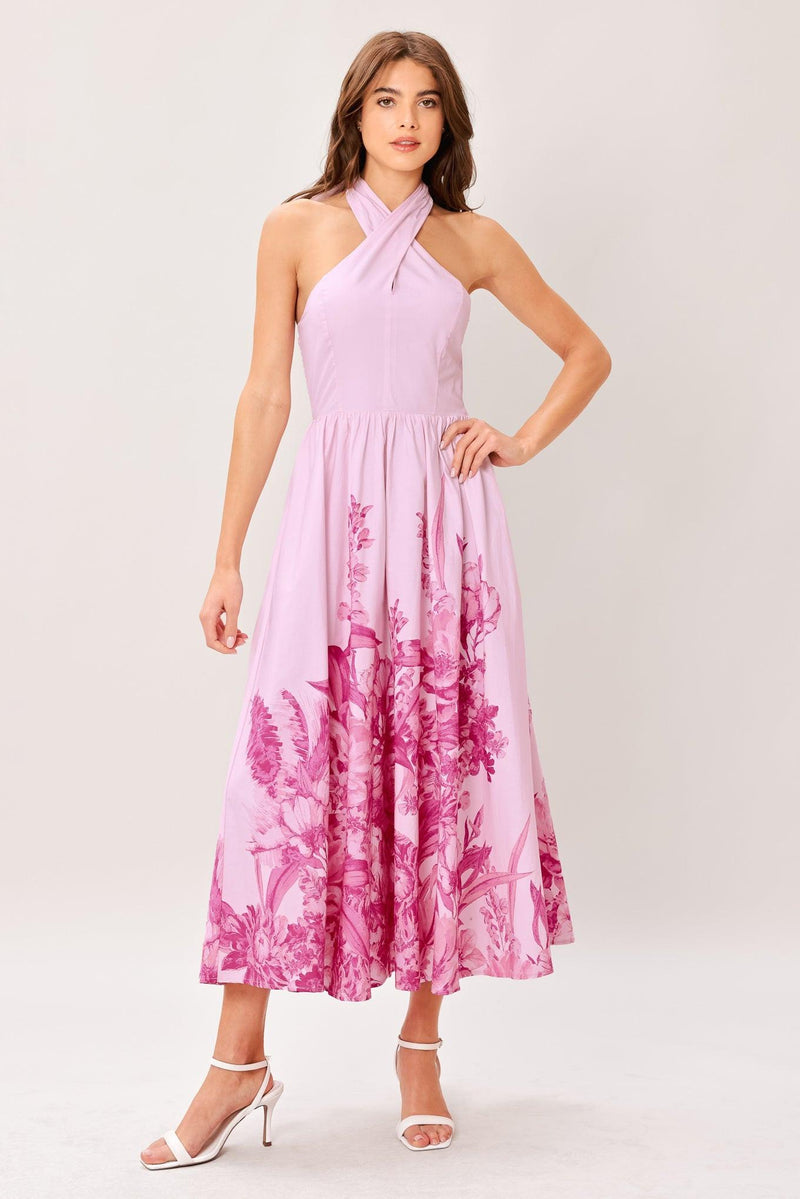 Halter Midi Crepe Wedding Guest A-Line Dress Flying Tomato ID23614