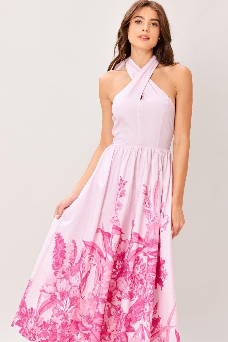 Halter Midi Crepe Wedding Guest A-Line Dress Flying Tomato ID23614