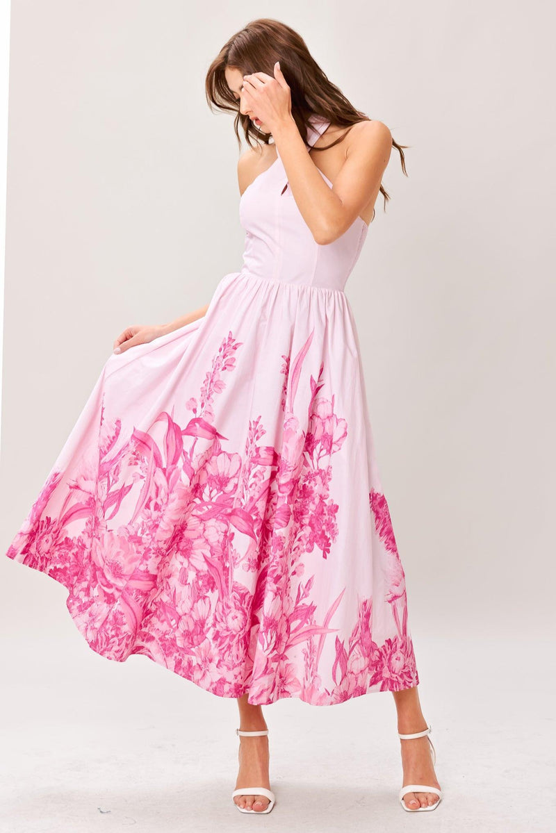 Halter Midi Crepe Wedding Guest A-Line Dress Flying Tomato ID23614