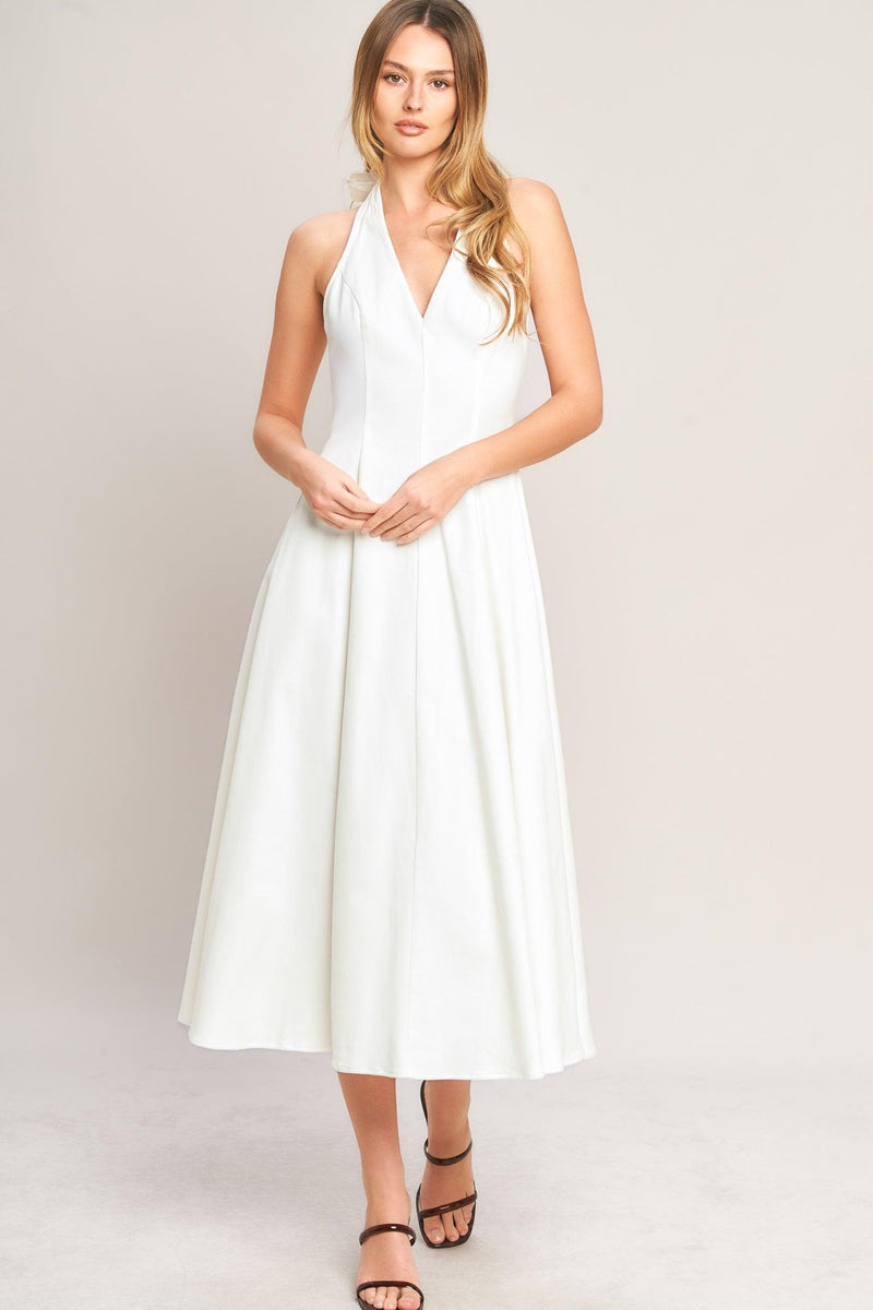 Halter Midi Crepe Formal A-Line Dress Flying Tomato ID23616