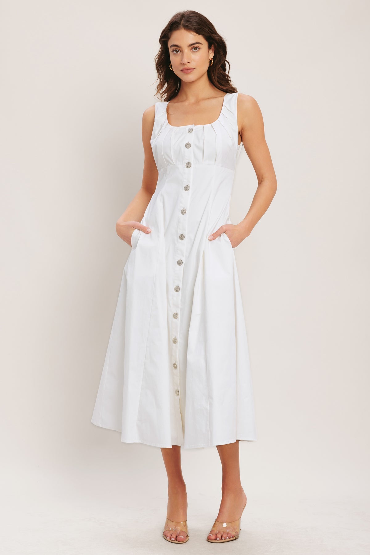Off Whire Square Neck Midi Woven Casual Dress with Front Button Detail Flying Tomato ID23643