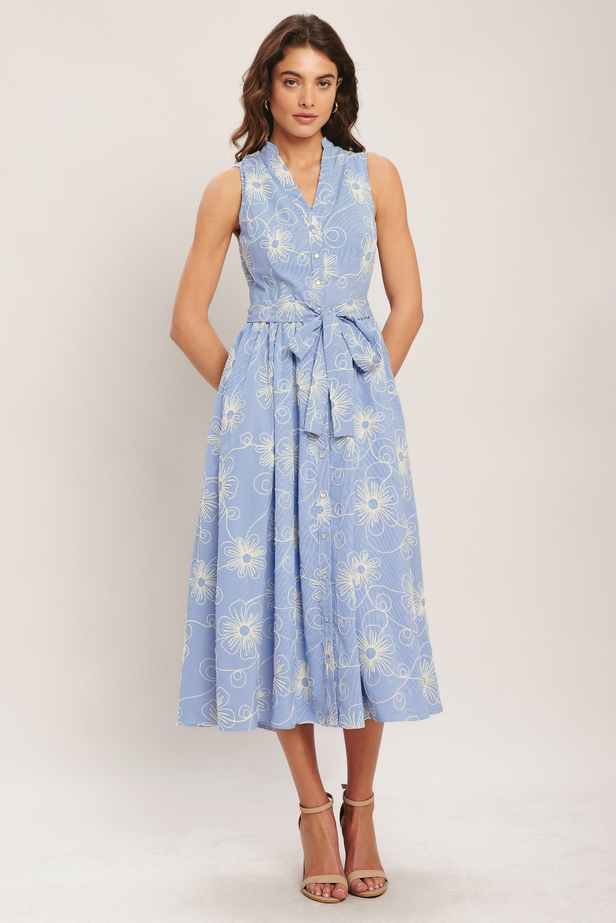 Light Blue V Neck Midi Floral Woven Casual Dress with Self Tie Waist Flying Tomato ID23645