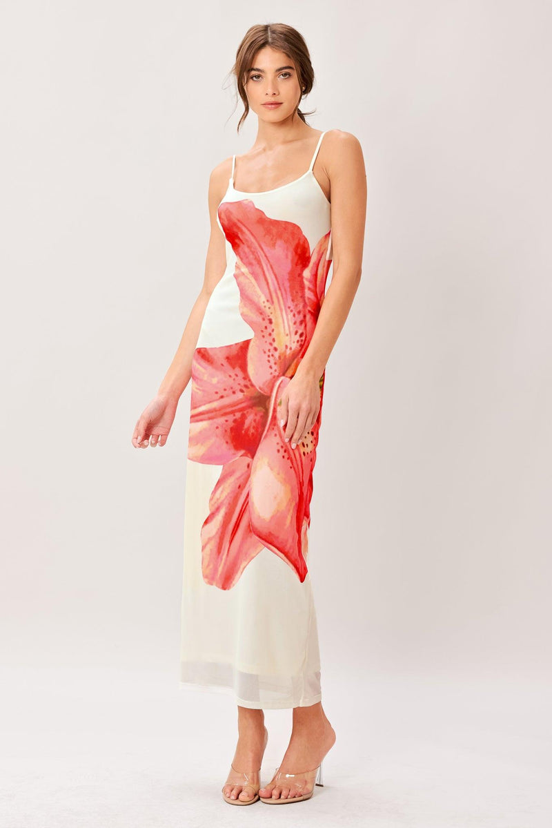 Scoop Neck Midi Mesh Floral Print Wedding Guest Sheath Dress Flying Tomato ID23652